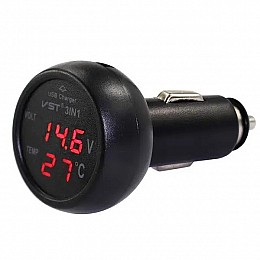 Автомобильный вольтметр с термометром + USB зарядка VST 706 от прикуривателя Black/Red (10698-hbr)
