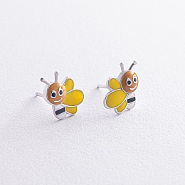 Детские серьги - пусеты Пчелки в серебре (эмаль) 449 Оникс
