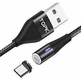 Магнітний кабель для зарядки Topk Led AM23 USB 2м 2.4A Type-C Чорний (my015-hbr)