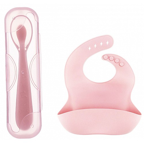 Набор Ложка силиконовая с удержанием формы изгиба для кормления ребенка Розовый + Слюнявчик силиконовый с карманом (n-790)