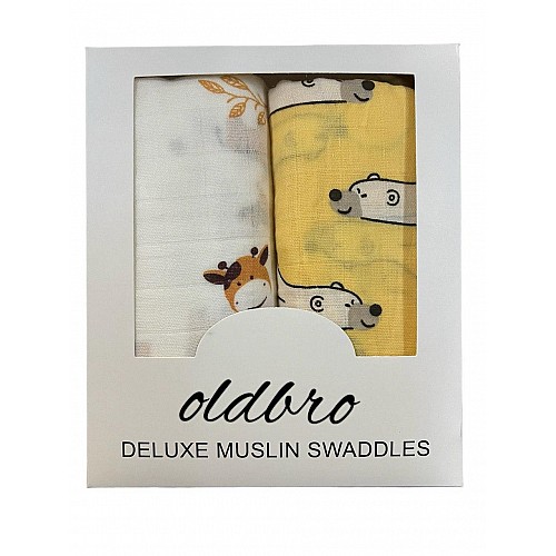 Набор муслиновых детских пеленальных одеял OldBro комплект 2 шт 100х120 см медведь жираф