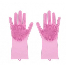 Силіконові рукавиці SUNROZ для миття посуду зі щіточкою Рожеві (SUN2570)