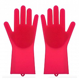 Силіконові рукавиці SUNROZ для миття посуду зі щіточкою Червоний (SUN2571)