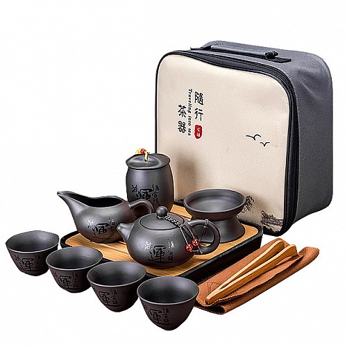Дорожный набор для чайной церемонии Lesko Black Matt керамический из 10 предметов (12033-67017)