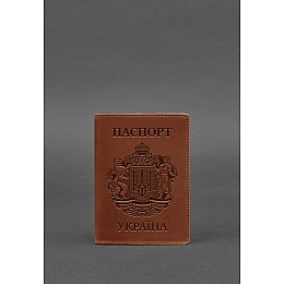 Шкіряна обкладинка для паспорта з українським гербом світло-коричнева BlankNote
