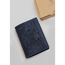 Шкіряна обкладинка для паспорта з українським гербом синя BlankNote