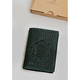 Шкіряна обкладинка для паспорта з українським гербом зелена BlankNote
