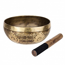 Тибетская поющая чаша Singing bowl Будда внутри Мантра Мани и пламя снаружи Холодная ковка 20/20/9 см Бронзовый (27412)
