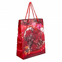 Сумочка подарункова пластикова з ручками Gift bag Серця та троянди 23х18х7.5 см Червоний (13951)