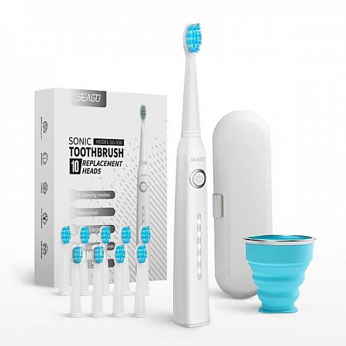 Электрическая зубная щетка звуковая 10 Насадок + 5 Режимов + Кейс для хранения Seago SG958 Взрослая Белая (278)