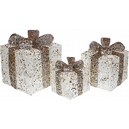 Декоративные подарки с подсветкой под елку (3 шт бело-золотые) 20см 25см 30см BonaDi DP219497