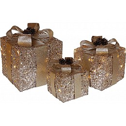 Декоративные подарки с подсветкой под елку (3 шт золотые) 20см 25см 30см BonaDi DP219496