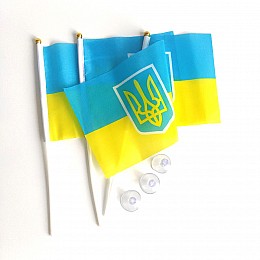 Флаг Украины с Гербом набор из 3-х штук полиэстер BookOpt 14*21 см на палочке с присоской