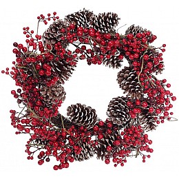 Венок новорічний декоративний з червоних ягід з шишками Bona DP42749