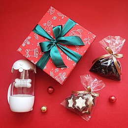 Новорічний чайний подарунковий набір з запарником-песиком (червоний)