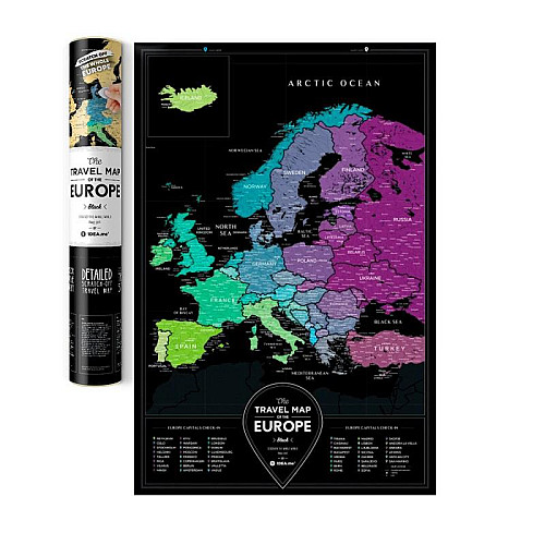 Чорна скретч-карта Європи Travel Map Black Europe (англійська мова) в тубусі