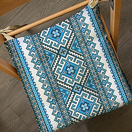 Подушка на стул с завязками «Украинский орнамент голубой»