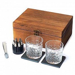 Набір для віскі (2 склянки, 6 куль для віскі, 2 багаття, щипці) у дерев'яній коробці