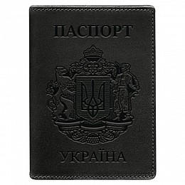 Шкіряна обкладинка для паспорта з українським гербом (чорна) шкіра Crazy Horse