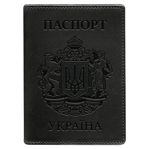 Кожаная обложка для паспорта с украинским гербом (черная) кожа Crazy Horse