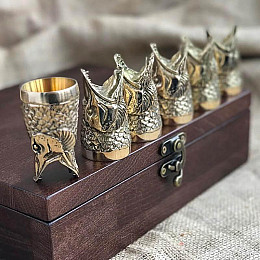 Набор бронзовых рюмок "Царский улов" (6 шт) в деревянной коробке
