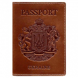 Шкіряна обкладинка для паспорта з гербом України (светло-коричнева)