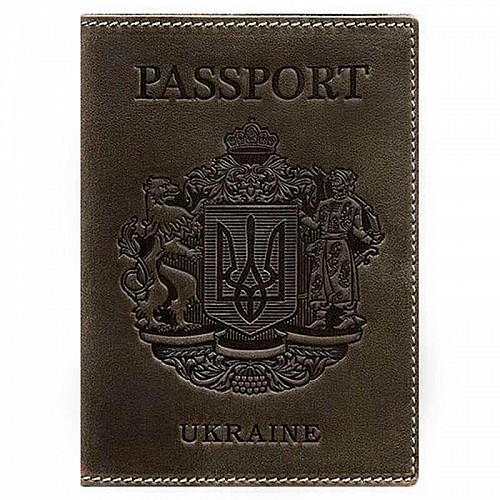 Кожаная обложка для паспорта с гербом Украины (темно-коричневая)