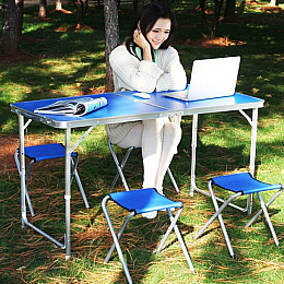 Раскладной стол 120 см для пикника с 4 стульями и зонтом 180 см Aluprom, набор туристический в чемодане Синий