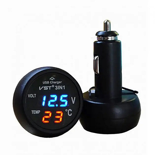 Автомобільний годинник з термометром і вольтметром VST-706-5 в прикурювач USB Black (3_00471)
