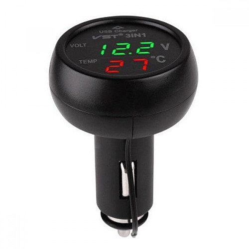 Автомобільний годинник з термометром і вольтметром VST-706-4 в прикурювач USB Black (3_00472)