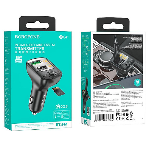 Автомобильное зарядное устройство FM-передатчиком Borofone BC41 Eminency USB QC3.0 18W / USB 5W/ 1 А TF BT Black