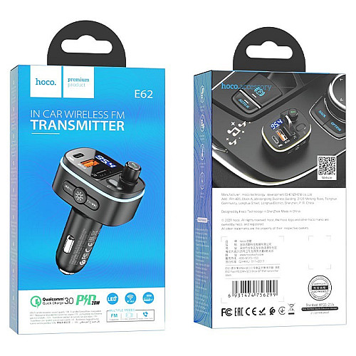 FM-трансмиттер Hoco E62 Fast BT v5.0 2USB QC 18W и Type-C PD20W QC FCP AFC Черный
