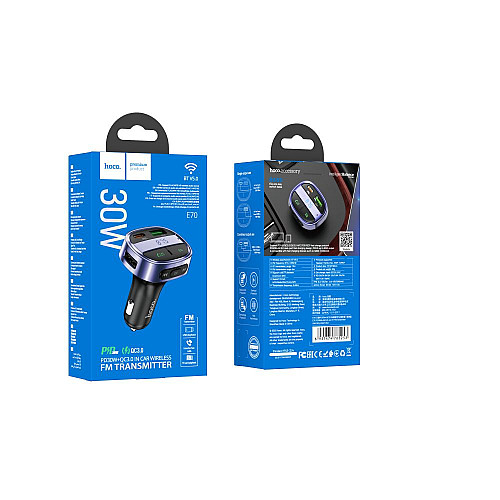 Автомобільне зарядне пристрій Hoco E70 USB 18W / Type-C 30W FM BT Чорний
