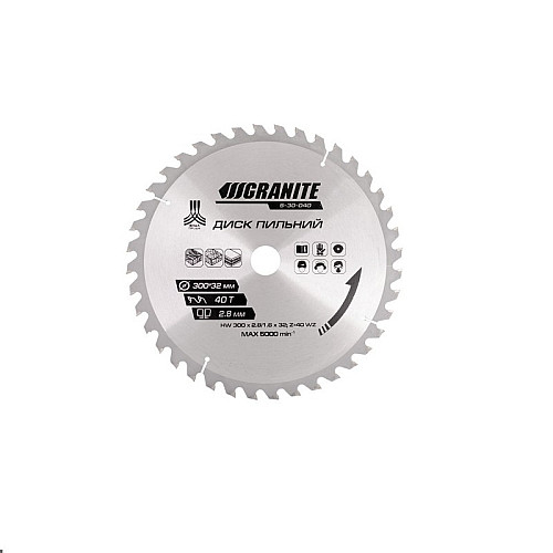 Диск пильний для дерева GRANITE 300х32х40Т адаптер 32-30/32-25.4 5100 об/хв (5-30-040)
