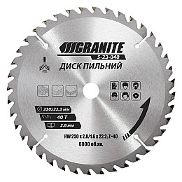 Диск пильний для дерева з твердосплавними напайками GRANITE 230х22.2х40Т 8000 об/хв (5-23-040)
