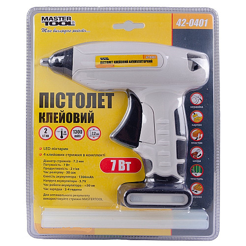 Пістолет клеєвий MASTERTOOL Крапля-Стоп акумуляторний Ø7.2 мм DC3.7V 1300mAh Чорний і Білий (42-0401)