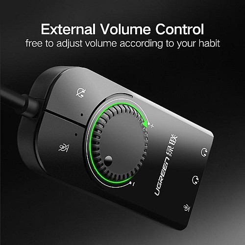 Зовнішня звукова карта Ugreen USB 2.0 з регулятором гучності CM129 (Чорна, 15см)