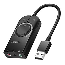 Зовнішня звукова карта Ugreen USB 2.0 з регулятором гучності CM129 (Чорна, 1м)