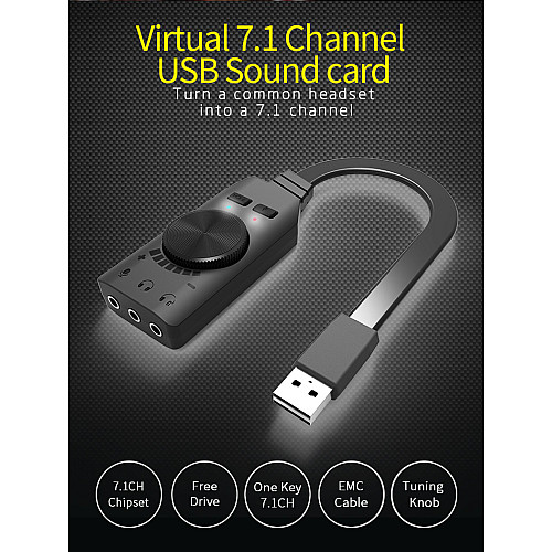 Внешняя звуковая карта USB 7.1 Channel адаптер 3.5mm для наушников и микрофона Plextone GS3 Black
