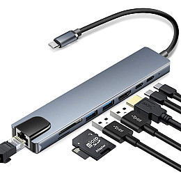Док-станція RIAS BYL-81 8в1 USB Type C - PD/USD/HDMI/RJ-45/TF/SD/USB (3_03821)