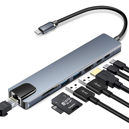 Док-станція RIAS BYL-81 8в1 USB Type C - PD/USD/HDMI/RJ-45/TF/SD/USB (3_03821)