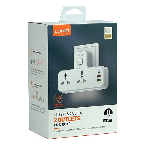 Сетевий перехідник з нічником LDNIO SC2311 PD/QC 3.0 Led lamp 2 розетки/2 USB/1 Type-C Білий