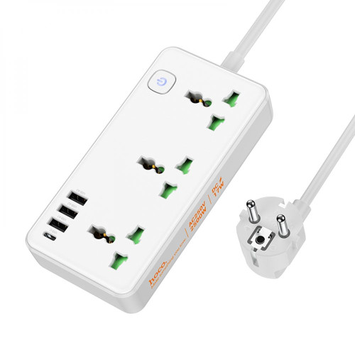 Удлинитель сетевой Hoco AC7A Multifunctional 3USB 1Type-C,PD 17W 3.4A 1.5m White