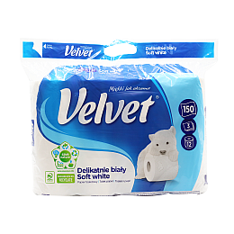 Туалетний папір Velvet Soft White тришаровий 150 відривів 12 рулонів