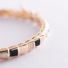 Жесткий браслет в желтом золоте (фианит, эмаль) б04503 Оникс 18