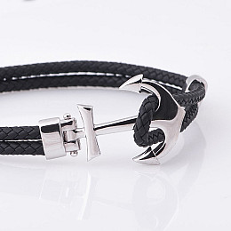 Кожаный браслет Якорь с золотой вставкой б02776 Оникс