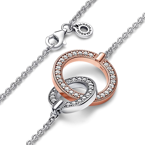 Серебряный колье Pandora двухцветное с переплетенными кольцами