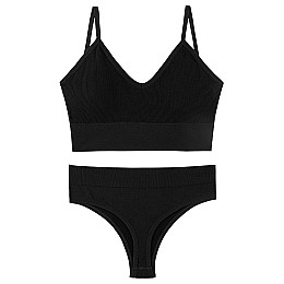 Комплект женского белья Lesko 1608# Черный XL 85 ABC в рубчик трусы и топ нижнее белье