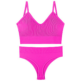 Бесшовный комплект женского белья Lesko 1608# Розовый электрик L 80 ABC в рубчик трусы и топ (12249-68316)