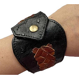 Браслет из натуральной кожи страуса Ekzotic Leather черный с коричневым плетением (ob 05)